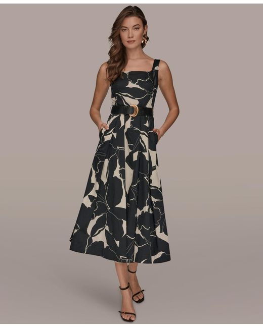 donna karan a line midi dress Donna Karan Women's Cotton Sleeveless Floral Midi Dress in Black main image 1