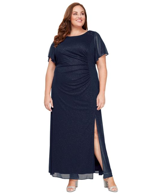Sl Fashions Blue Plus Size Flutter-sleeve Side-ruched Glitter Gown