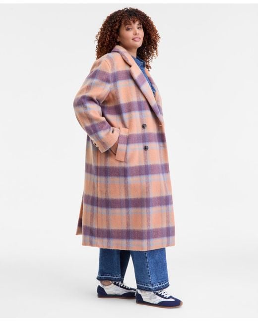 On 34th Red Trendy Plus Size Plaid Double-breasted Coat