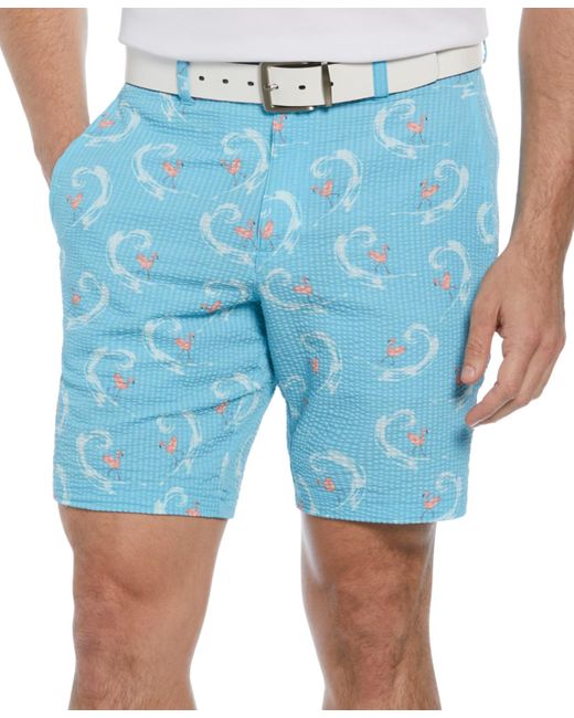 PGA TOUR Blue Seersucker Flamingo Print Performance 8" Golf Shorts for men