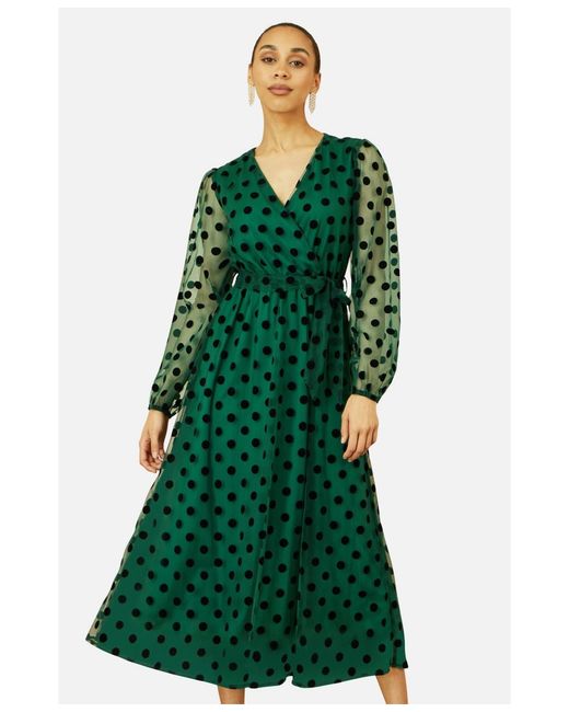 Yumi' Green Spot Mesh Wrap Midi Skater Dress