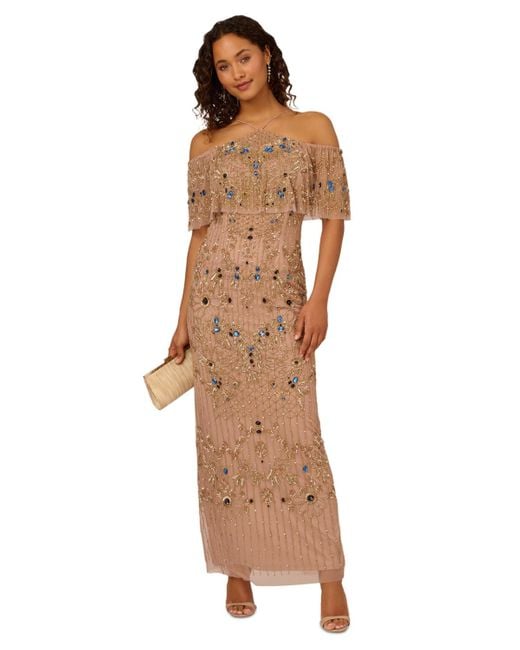 Adrianna Papell Brown Beaded Mesh Cold-shoulder Gown