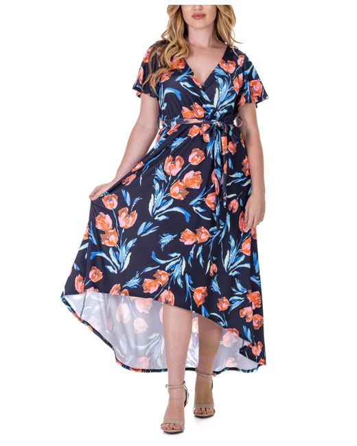 24seven Comfort Apparel Blue Print V Neck Belted High Low Faux Wrap Dress
