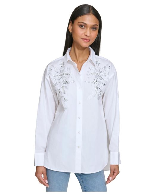 Karl Lagerfeld White Embellished Button-front Top