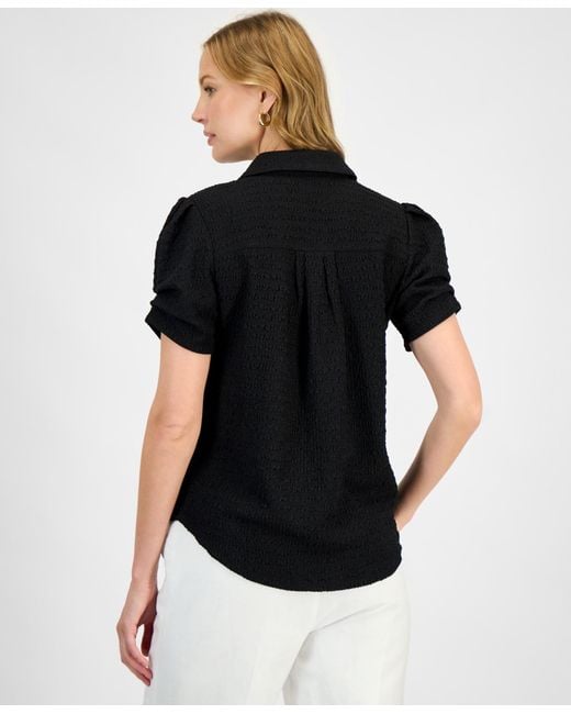 Kasper Black Textured Collared Button-front Blouse