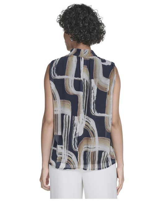 Calvin Klein Blue Printed Mock-neck Sleeveless Blouse