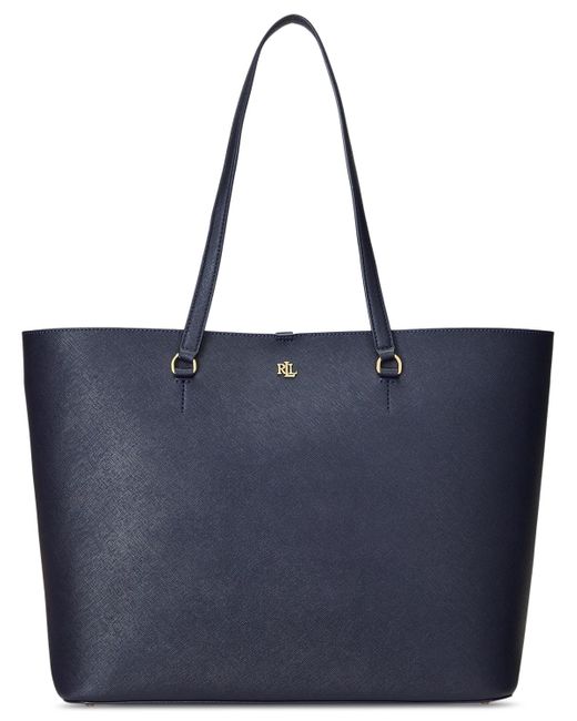 Lauren by Ralph Lauren Blue Karly Crosshatch Leather Large Tote