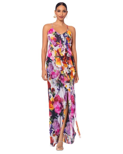 Betsy & Adam White Petite Floral Ruffle-front Long Dress