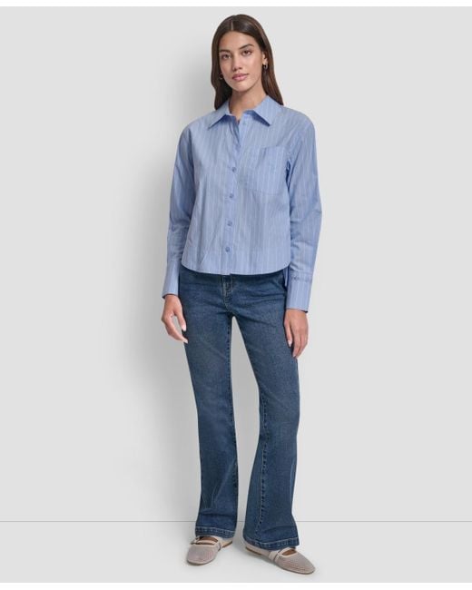 DKNY Blue Cropped Long Sleeve Button Front Shirt