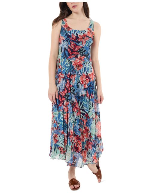 Jones New York Blue Petite Floral-print Tiered-mesh Dress