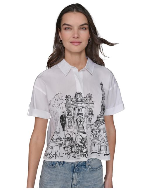 Karl Lagerfeld White Cotton Crop Paris Scene Button-front Top