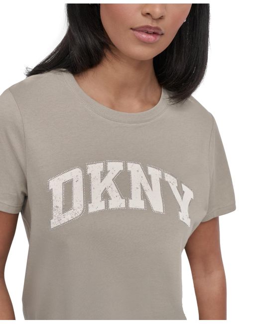DKNY Gray Active Rhinestone-logo Distressed Crewneck Cotton T-shirt