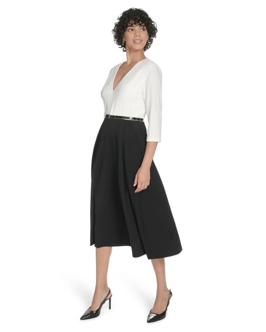 Tommy Hilfiger White 3/4-sleeve V-neck Midi Dress