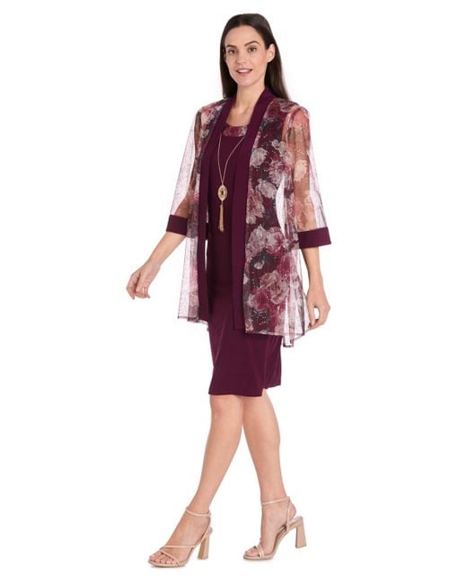 R & M Richards Red Petite Printed Scoop Neck Jacket Dress