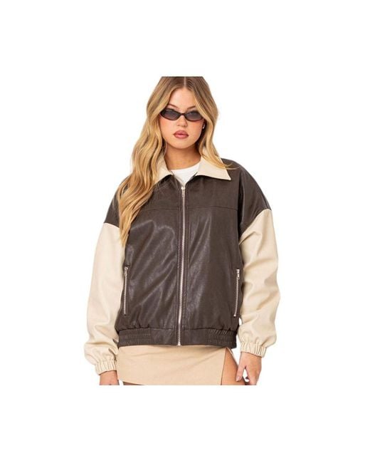Edikted Brown Two Tone Faux Leather Bomber Jacket
