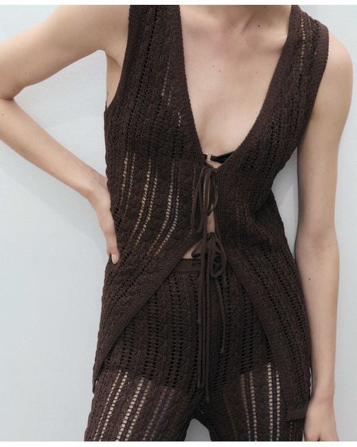 Mango White Openwork Bow Closure Knit Vest