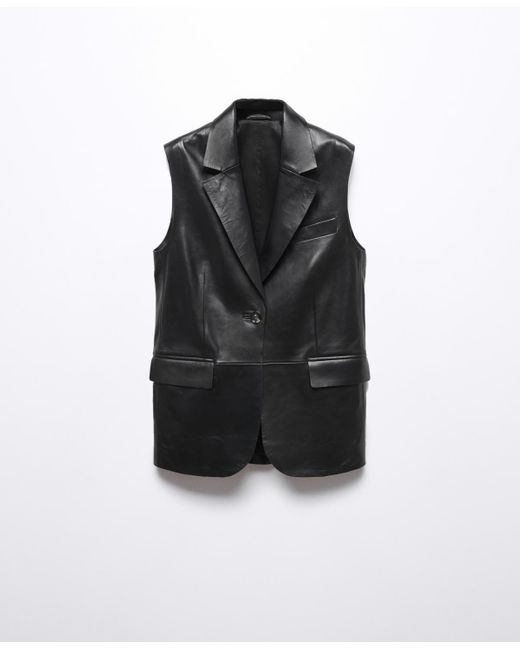 Mango Long Leather Vest in Black | Lyst