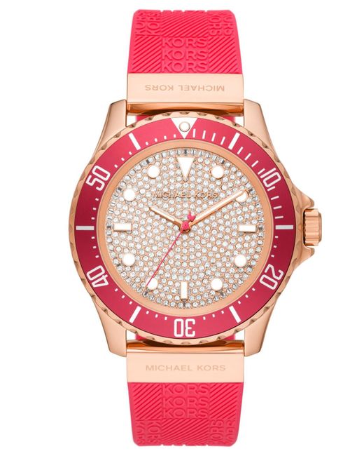 Michael Kors Pink Oversized Slim Everest Pavé Rose-gold Tone And Embossed Silicone Watch