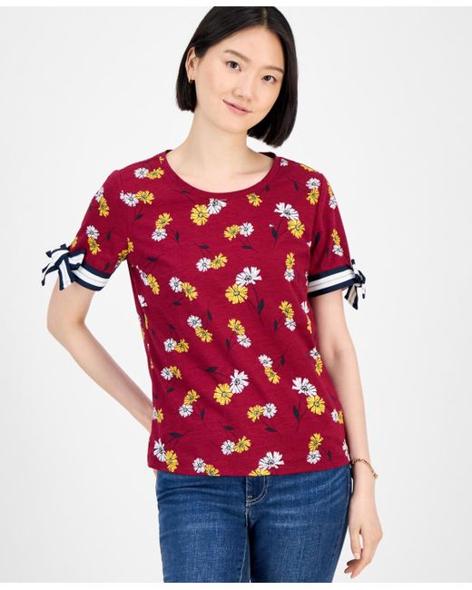 Tommy Hilfiger Red Daisy-print Tie-sleeve Top