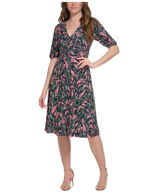 Tommy Hilfiger Floral-print Ruffle-trim Elbow-sleeve Midi Dress | Lyst