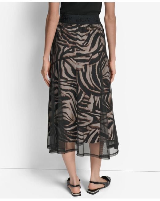 DKNY Black Printed Mesh Layered Midi Skirt