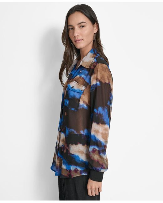 DKNY Blue Printed Button-front Long-sleeve Shirt
