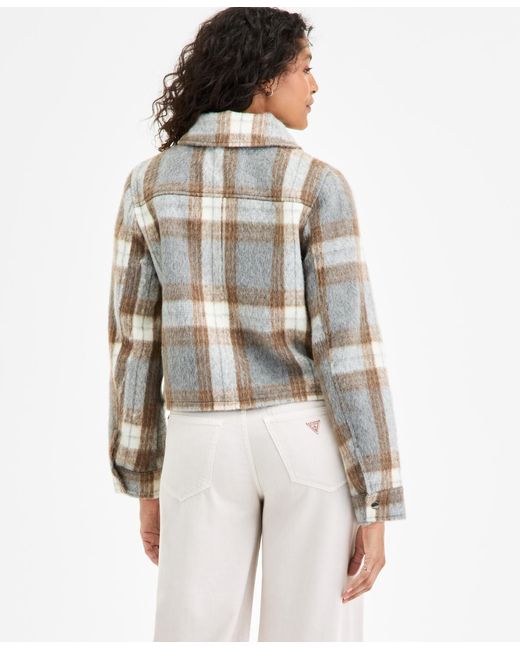 BCBGMAXAZRIA White Plaid Collared Zip-front Coat
