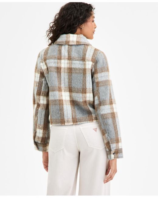 BCBGMAXAZRIA White Plaid Collared Zip-front Coat