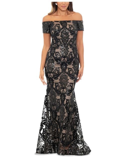 Xscape Black Sequined Mesh Off-the-shoulder Gown