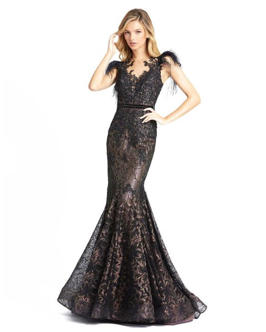 Mac Duggal Black Embellished Feather Cap Sleeve Illusion Neck Trumpet Gown