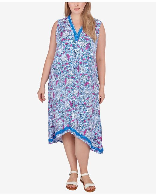 Ruby Rd Blue Plus Size Vines Puff Print Dress