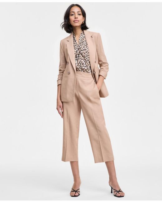 BarIII Natural Ruched-sleeve Open-front Linen Blazer