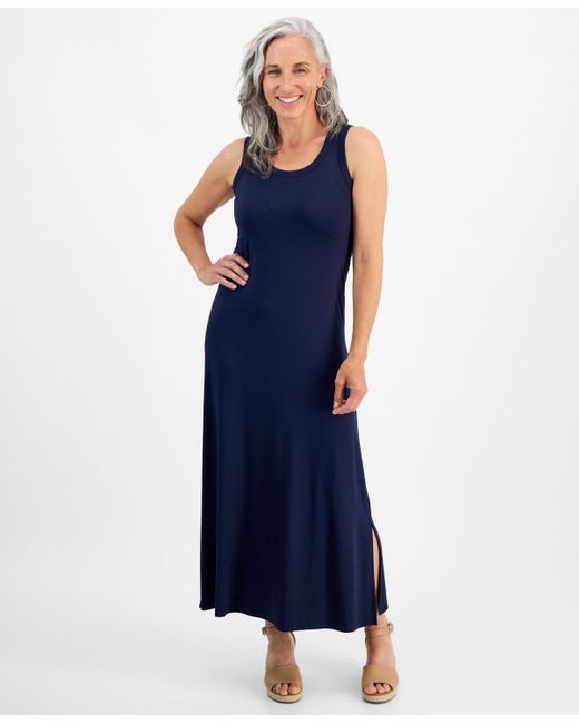 Style & Co. Blue Petite Sleeveless Side Slit Knit Maxi Dress
