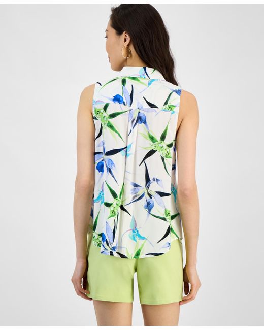 INC International Concepts White Printed Button Down Sleeveless Blouse Xs P Xl Exclusively At Macys