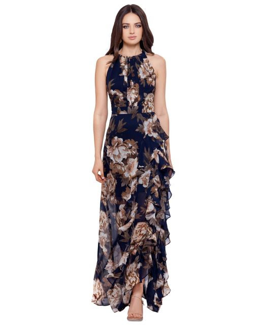 Betsy & Adam Blue Petite Chiffon Floral-print Ruffle Dress