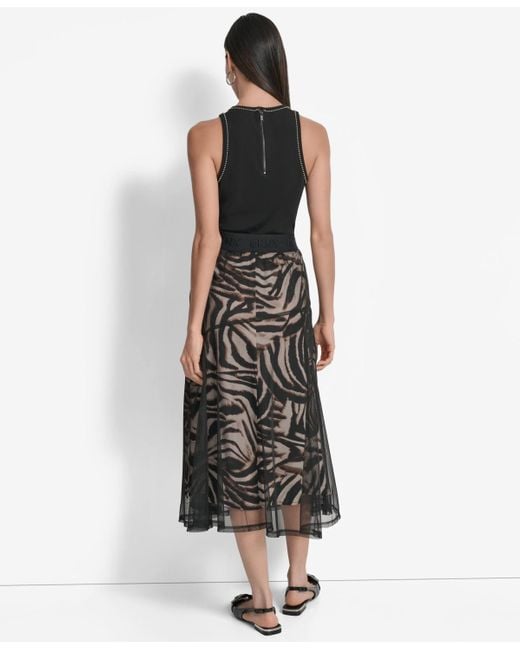 DKNY Black Printed Mesh Layered Midi Skirt