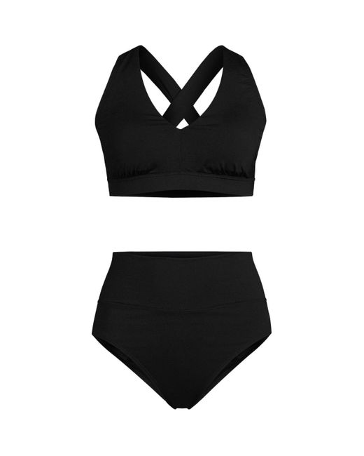 Lands' End Black Plus Size V-neck Tankini And High Waisted Bottom Swimsuit Set