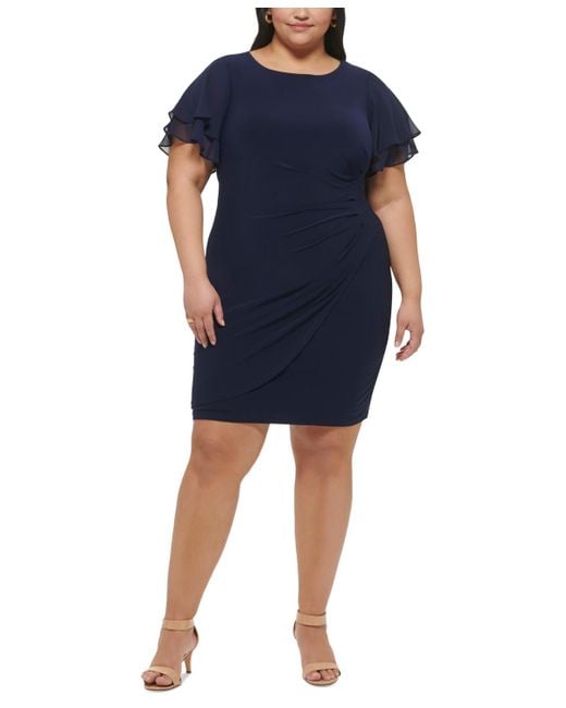 Jessica Howard Women's Blue Plus Size Flutter-sleeve Shirred Dress - Main Image