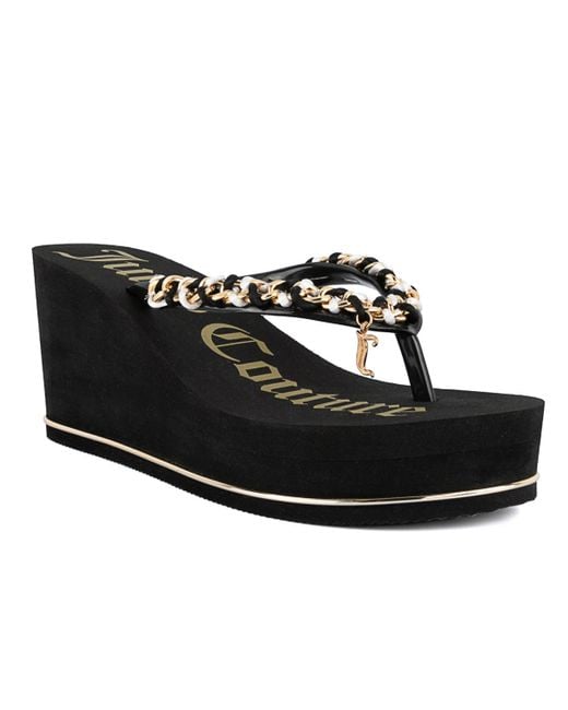Juicy Couture Black Ullie Chain Detail Thong Platform Wedge Sandals