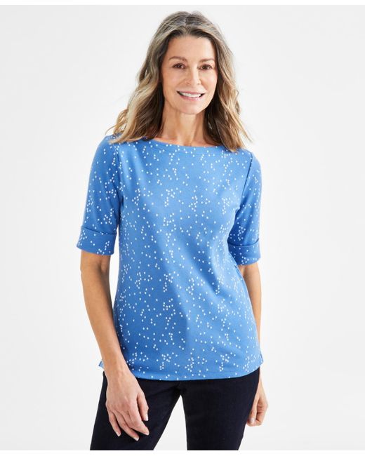 Style & Co. Blue Printed Boat-neck Elbow-sleeve Top