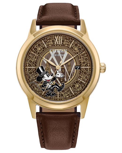 Citizen Metallic Eco-drive Mickey Mouse Fanfare Brown Leather Strap Watch 40mm Gift Set for men