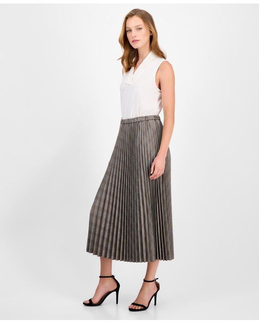 Anne Klein Gray Plaid Pleated Pull-on Midi Skirt