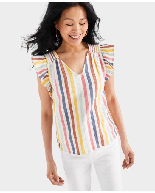 Style & Co. White Petite Striped Gauze Flutter Sleeve Top