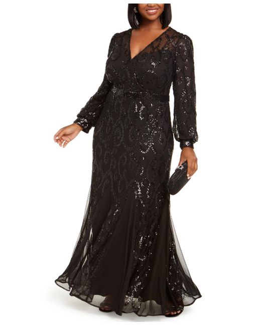 R & M Richards Black Plus Size Surplice Sequined Gown