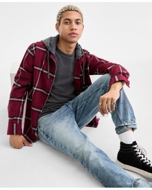 Sun & Stone Sun + Stone Bird Layered-look Hooded Cotton Flannel Plaid Shirt for men