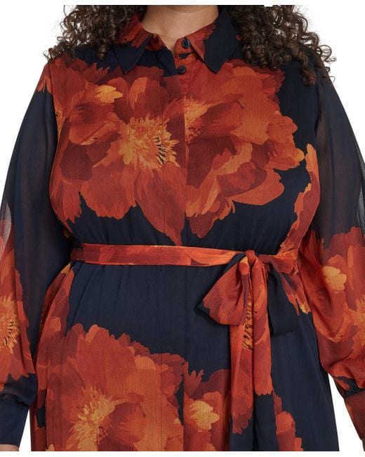 Calvin Klein Red Plus Size Long-sleeve Printed Midi Dress