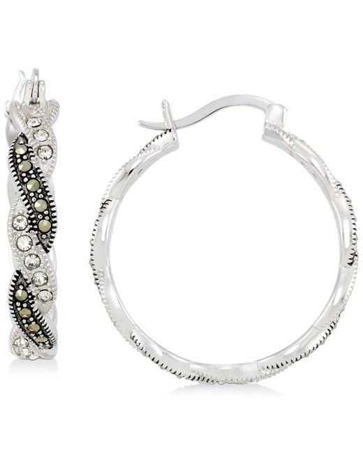 Macy's Metallic Marcasite & Crystal Hoop Earrings In Sterling Silver