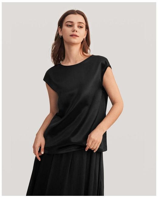 LILYSILK Black Basic Cap Sleeves Silk Tee