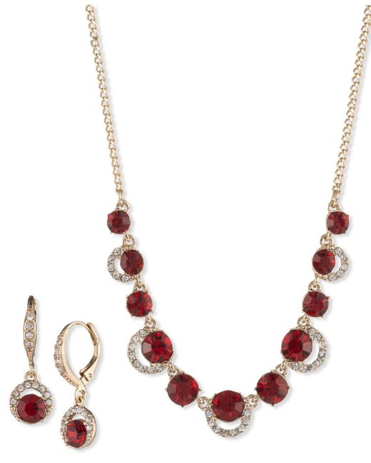 Givenchy Red Crystal Halo Drop Earrings & Frontal Necklace Set, 16" + 3" Extender