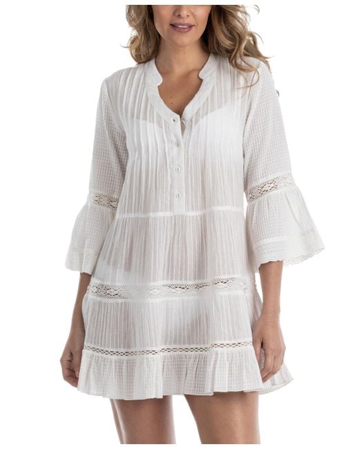 Dotti Gray Crochet-trim 3/4-sleeve Cotton Cover-up Dress